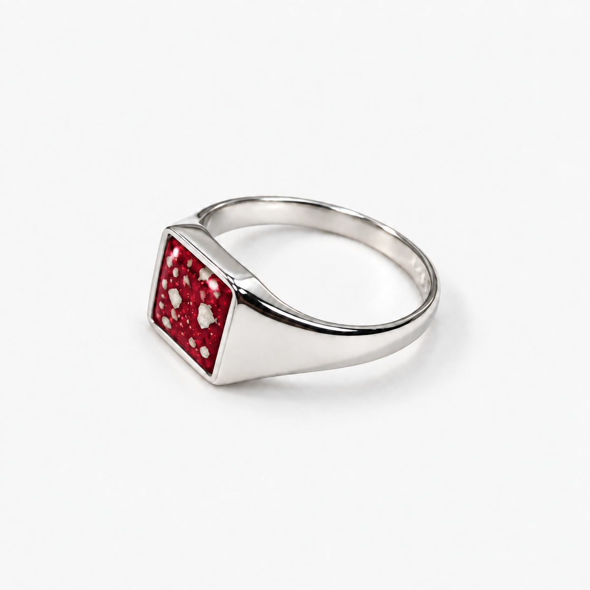 Small Square Signet Ashes Ring — Ruby Red, visible ashes