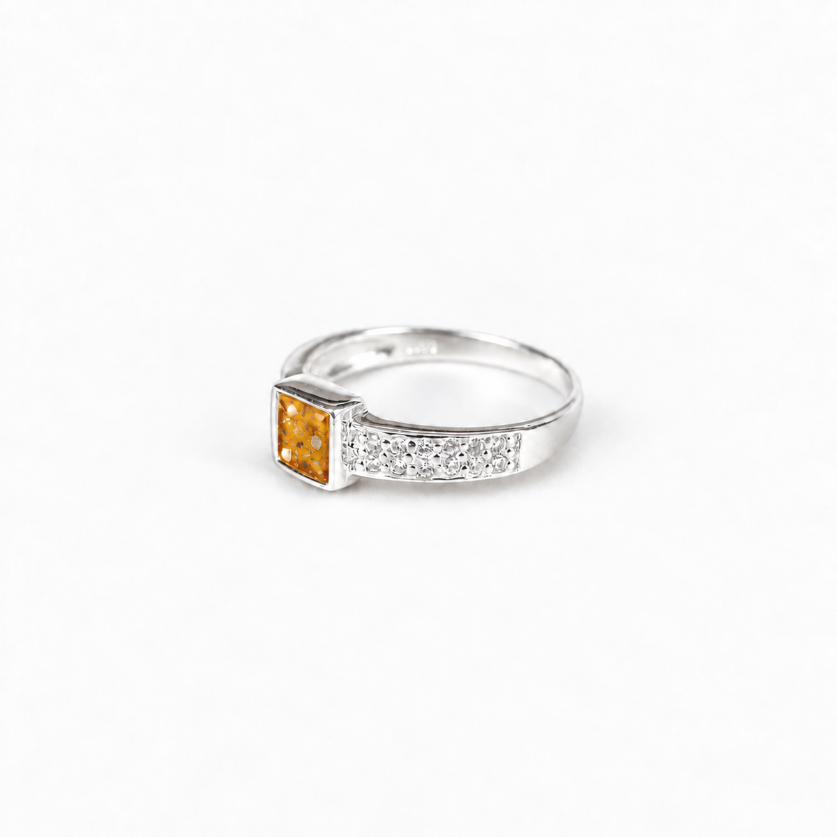square crystal silver ashes ring in Amber, visible inclusions