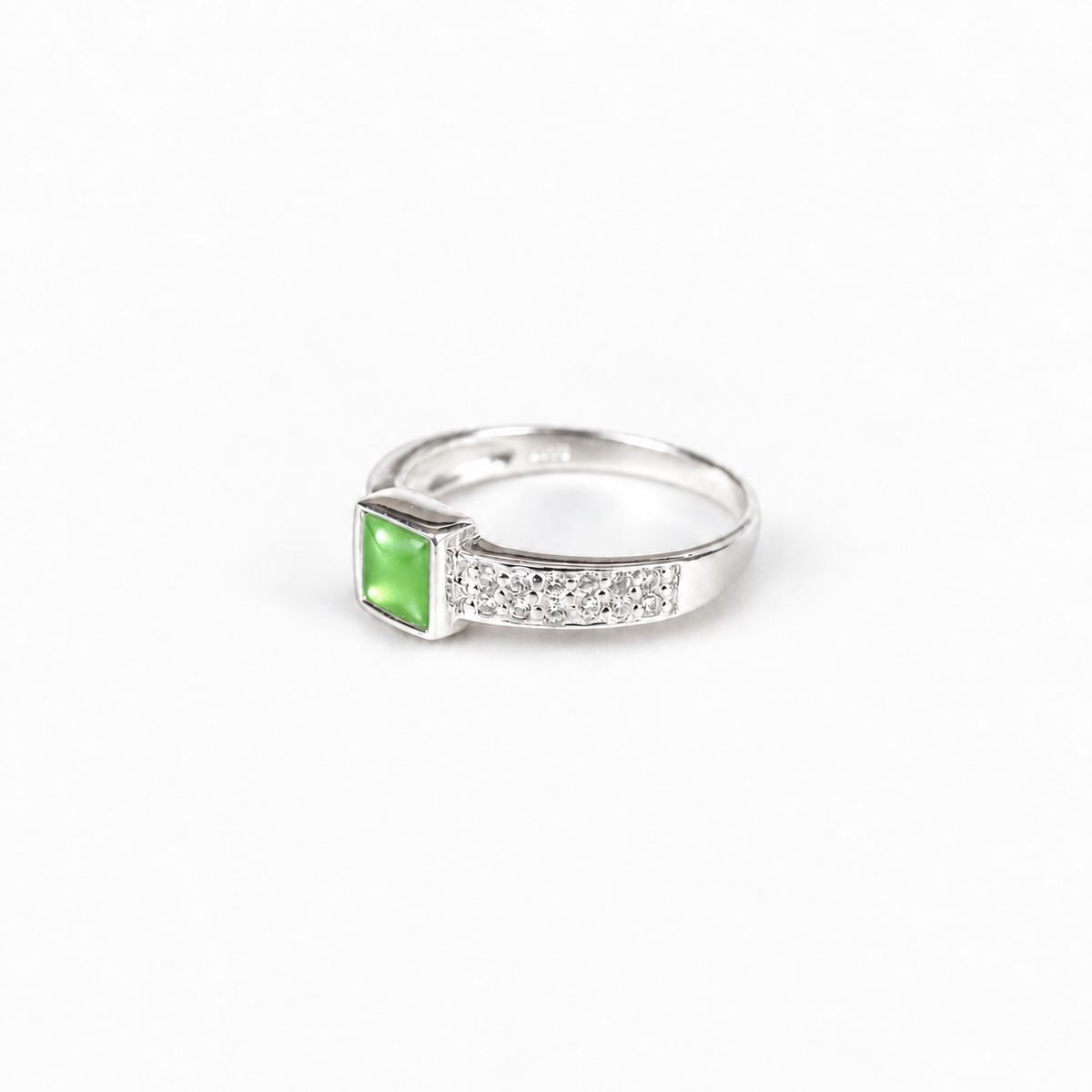 square crystal silver ashes ring in Apple Green, hidden inclusions