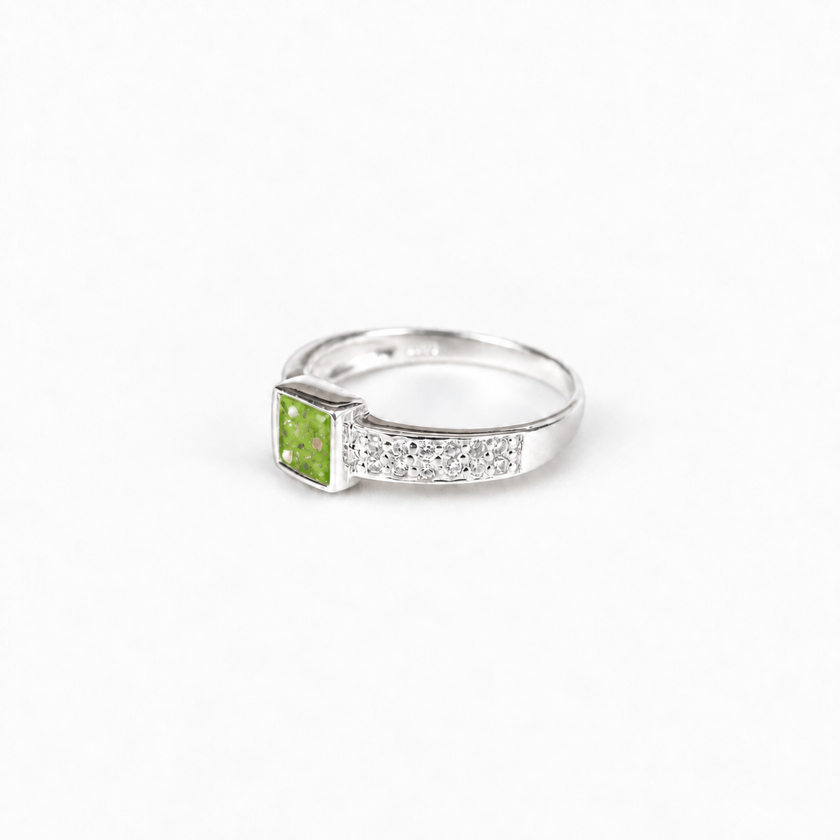 square crystal silver ashes ring in Apple Green, visible inclusions