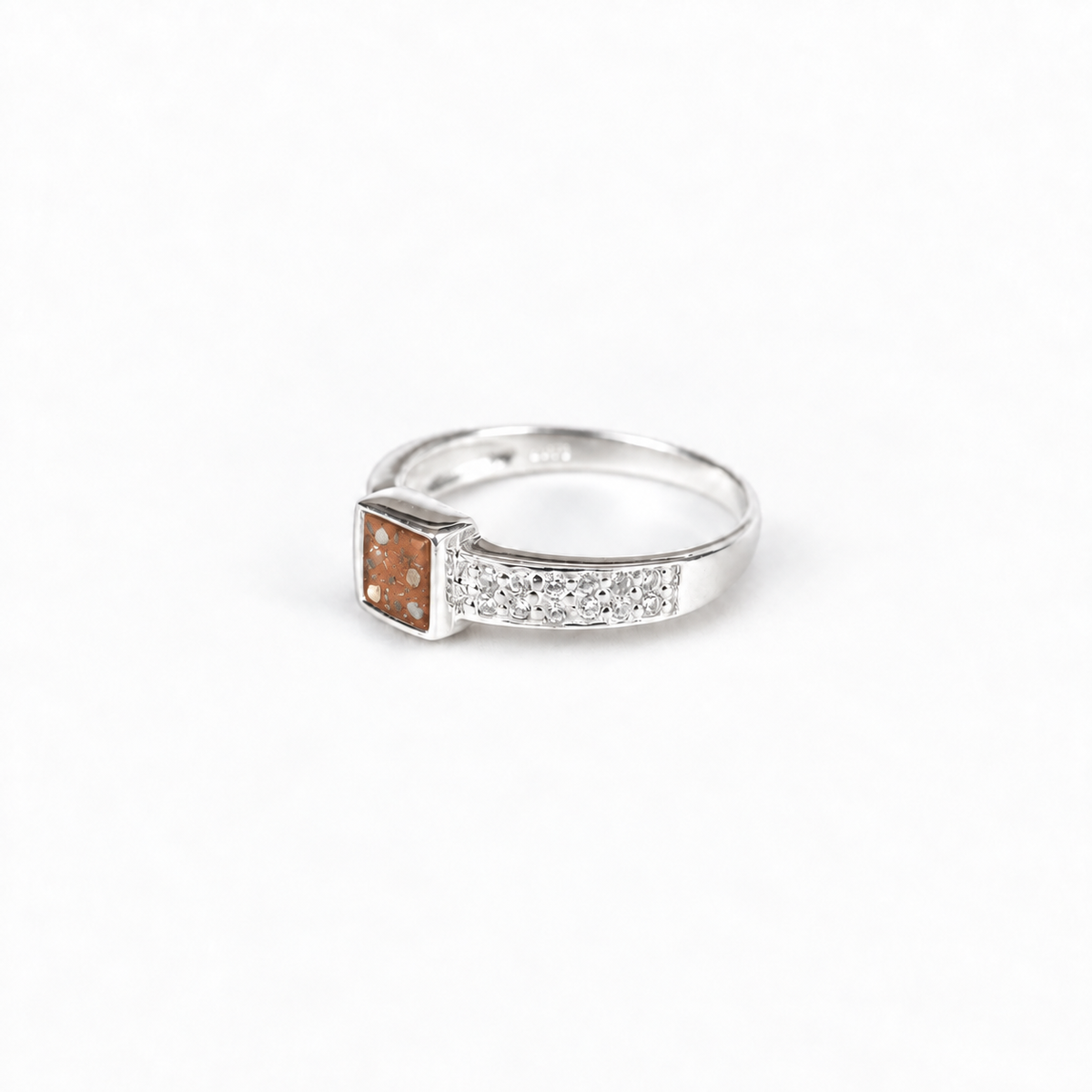 square crystal silver ashes ring in Copper, visible inclusions