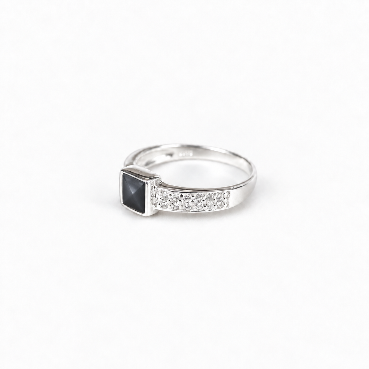 square crystal silver ashes ring in Midnight, hidden inclusions