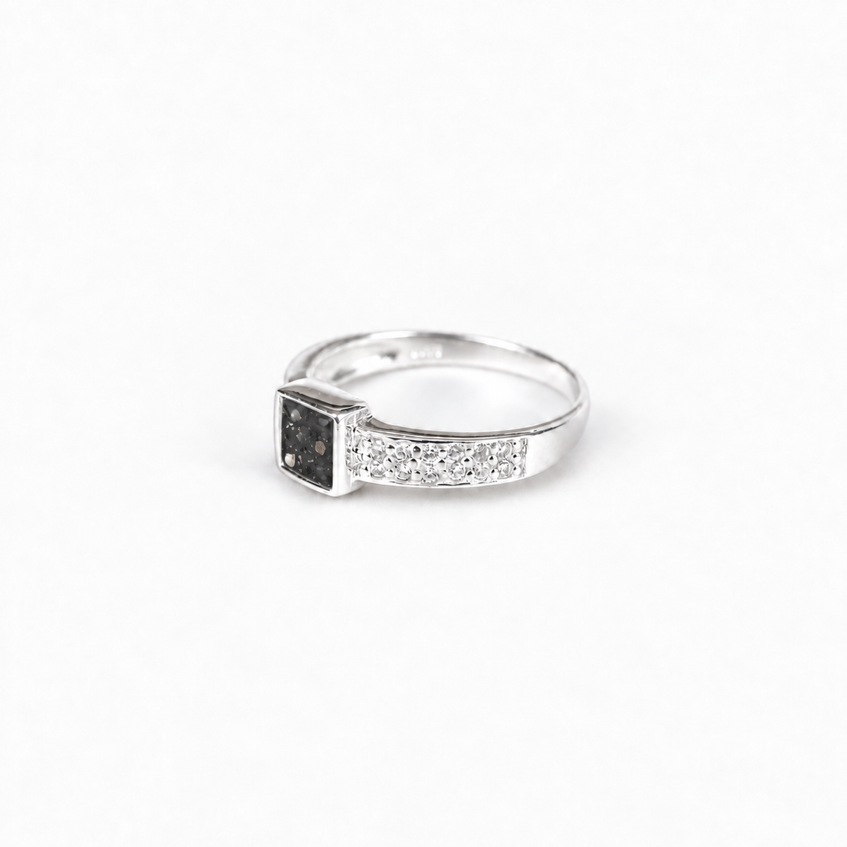 square crystal silver ashes ring in Midnight, visible inclusions