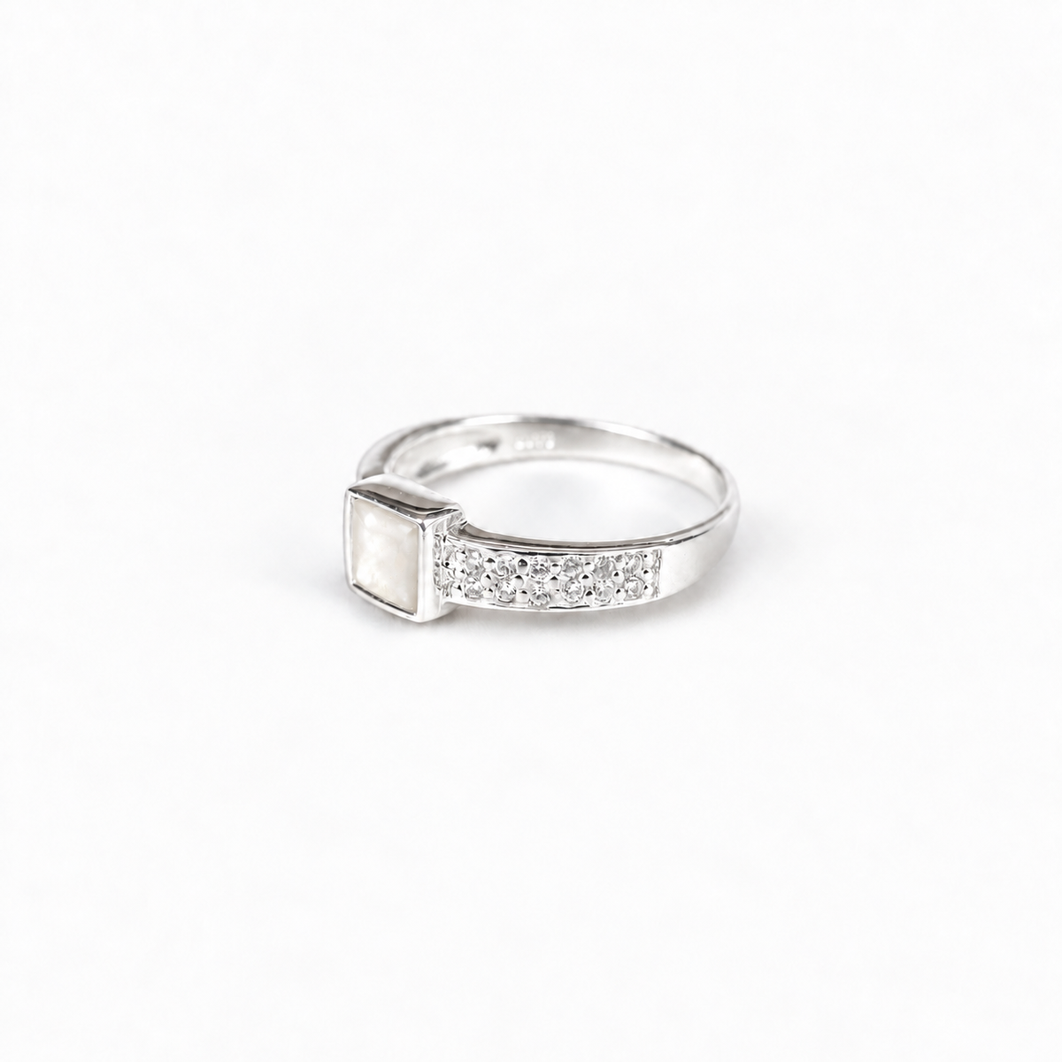 square crystal silver ashes ring in Pearl, hidden inclusions
