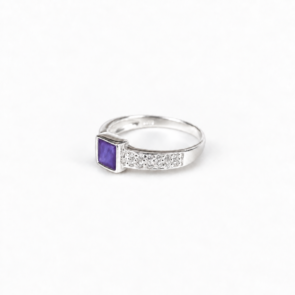 square crystal silver ashes ring in Purple, hidden inclusions