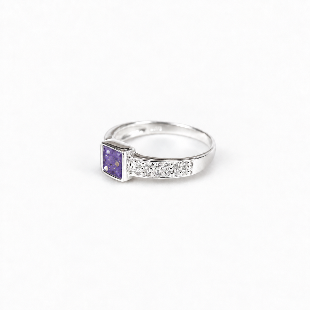square crystal silver ashes ring in Purple, visible inclusions