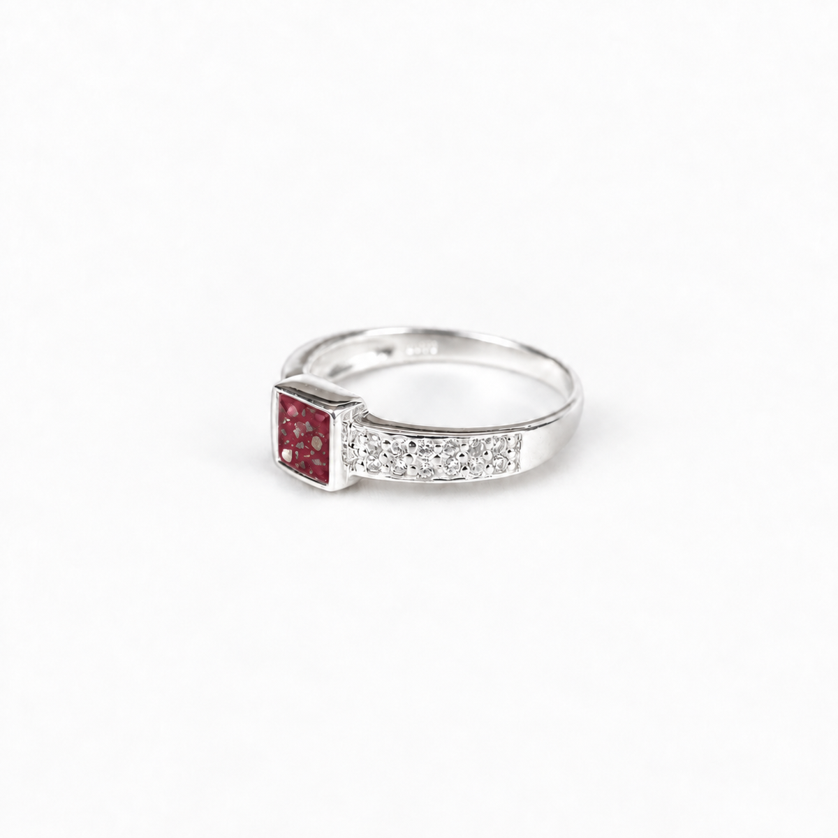 square crystal silver ashes ring in Ruby Red, visible inclusions