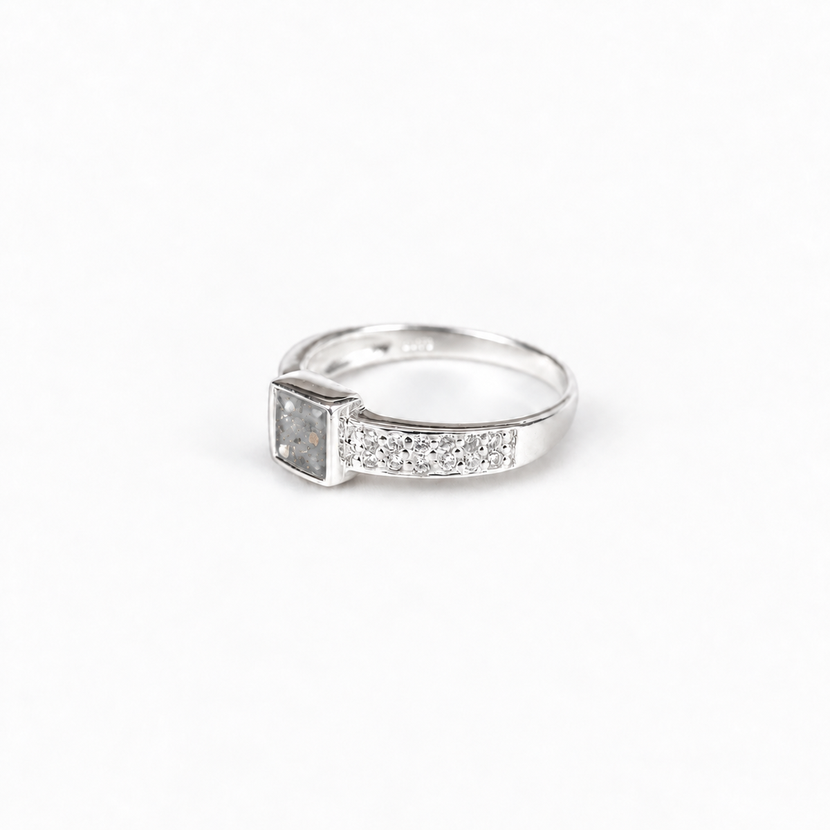 square crystal silver ashes ring in Silver, visible inclusions