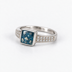 Square Crystal Ashes Ring in Sky Blue, visible ashes