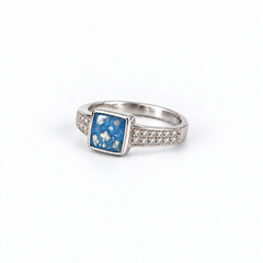Square Crystal Ashes Ring in Sky Blue with visible ashes