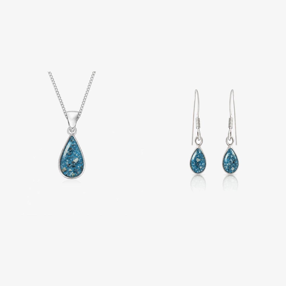 Tear Drop Ashes Necklace and matching pair of hook earrings in Sky Blue with visible inclusions