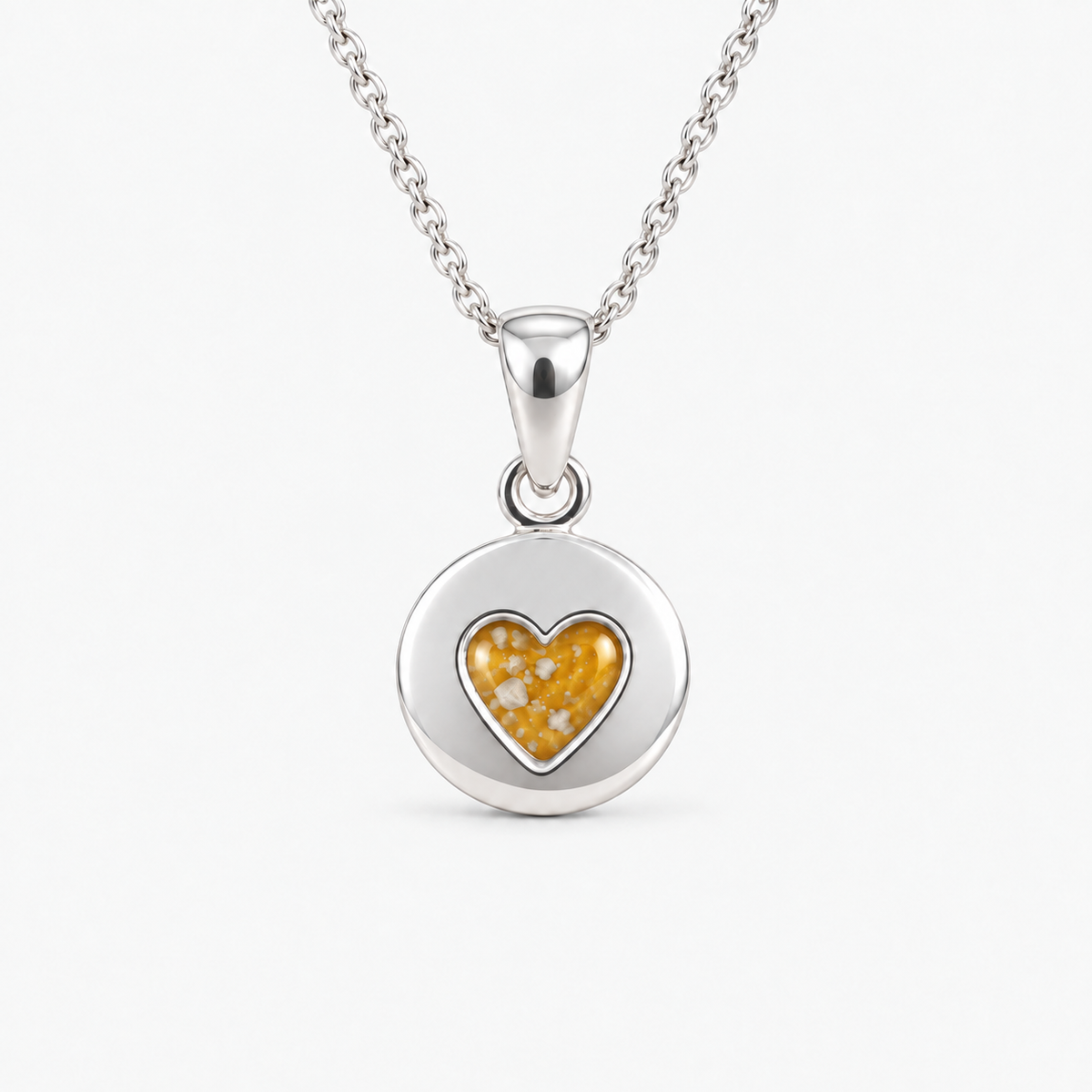 tiny heart disc ashes necklace — Amber, visible ashes