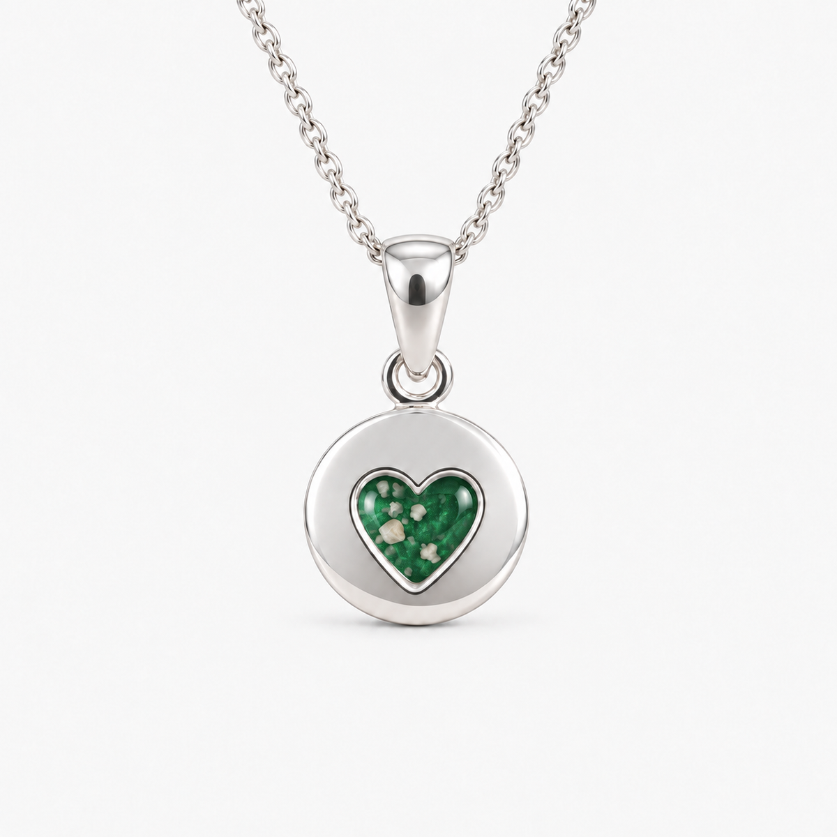 tiny heart disc ashes necklace — Emerald, visible ashes