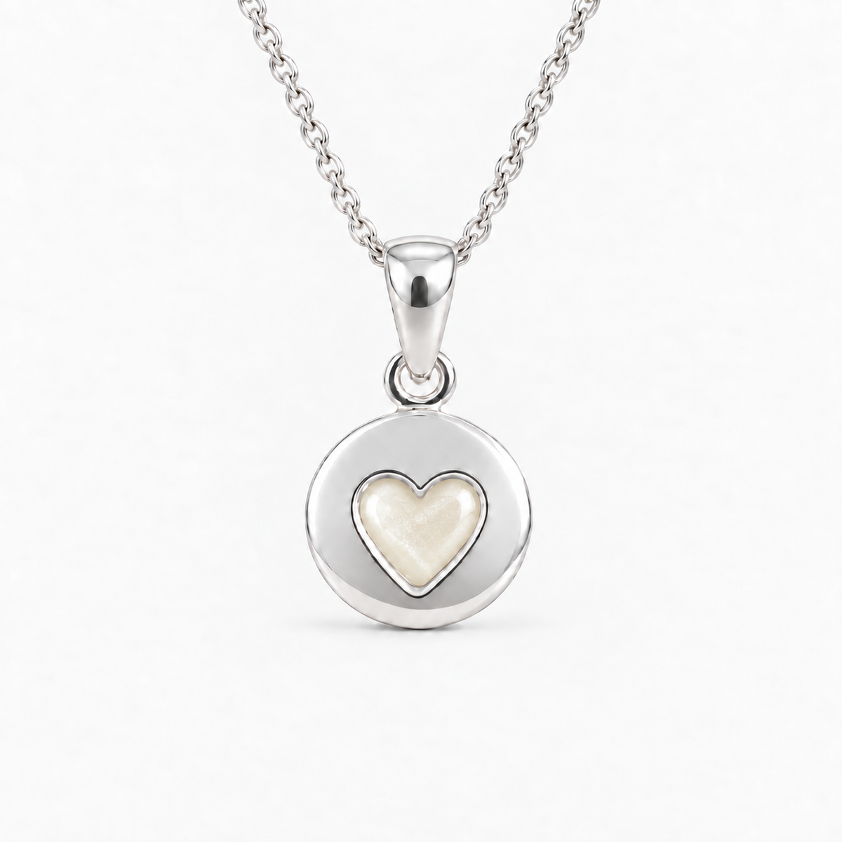 tiny heart disc ashes necklace — Pearl, hidden ashes