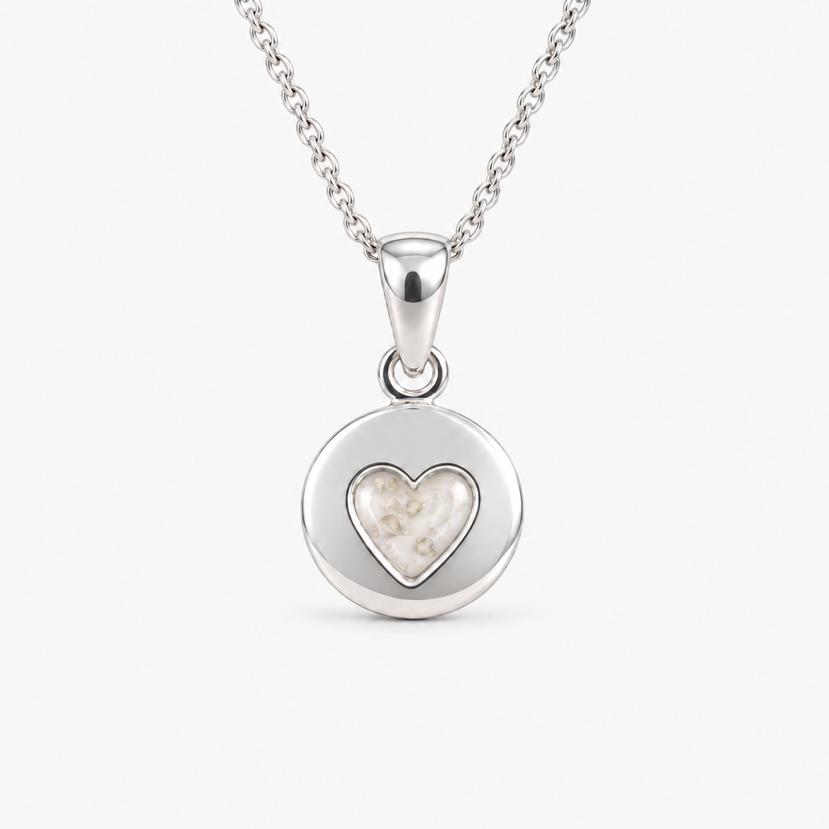 tiny heart disc ashes necklace — Pearl, visible ashes