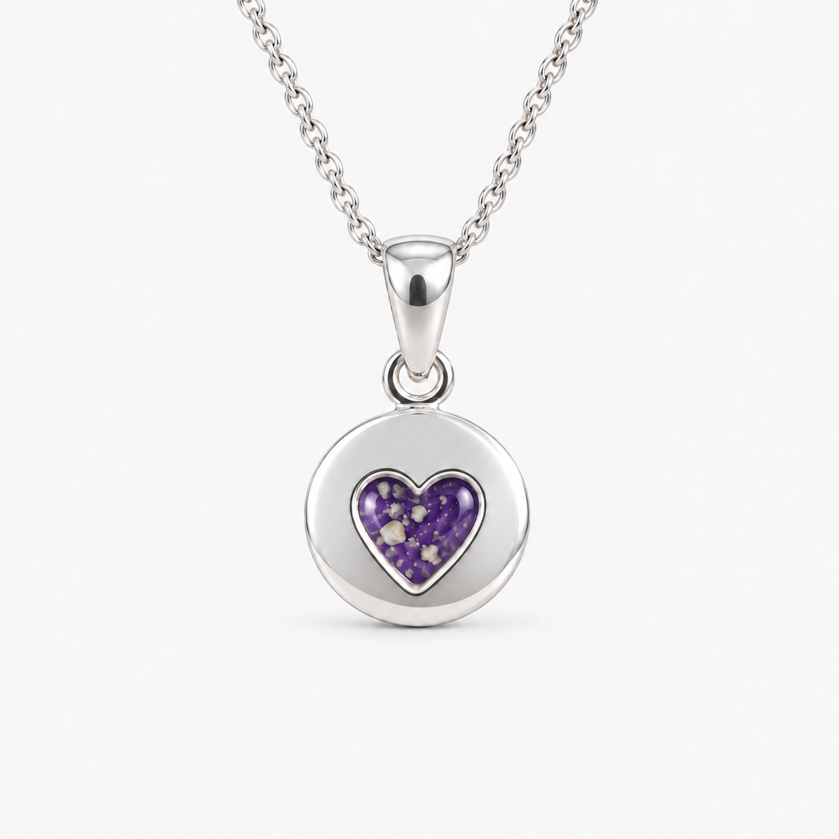 tiny heart disc ashes necklace — Purple, visible ashes