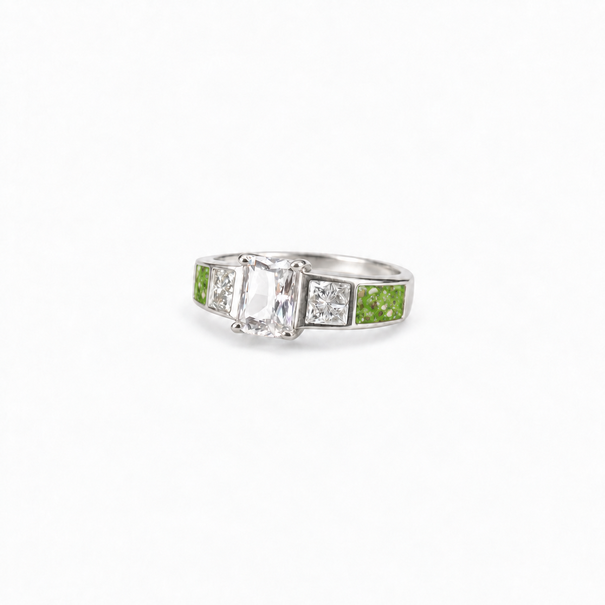 trilogy silver ashes ring in Apple Green, visible inclusions