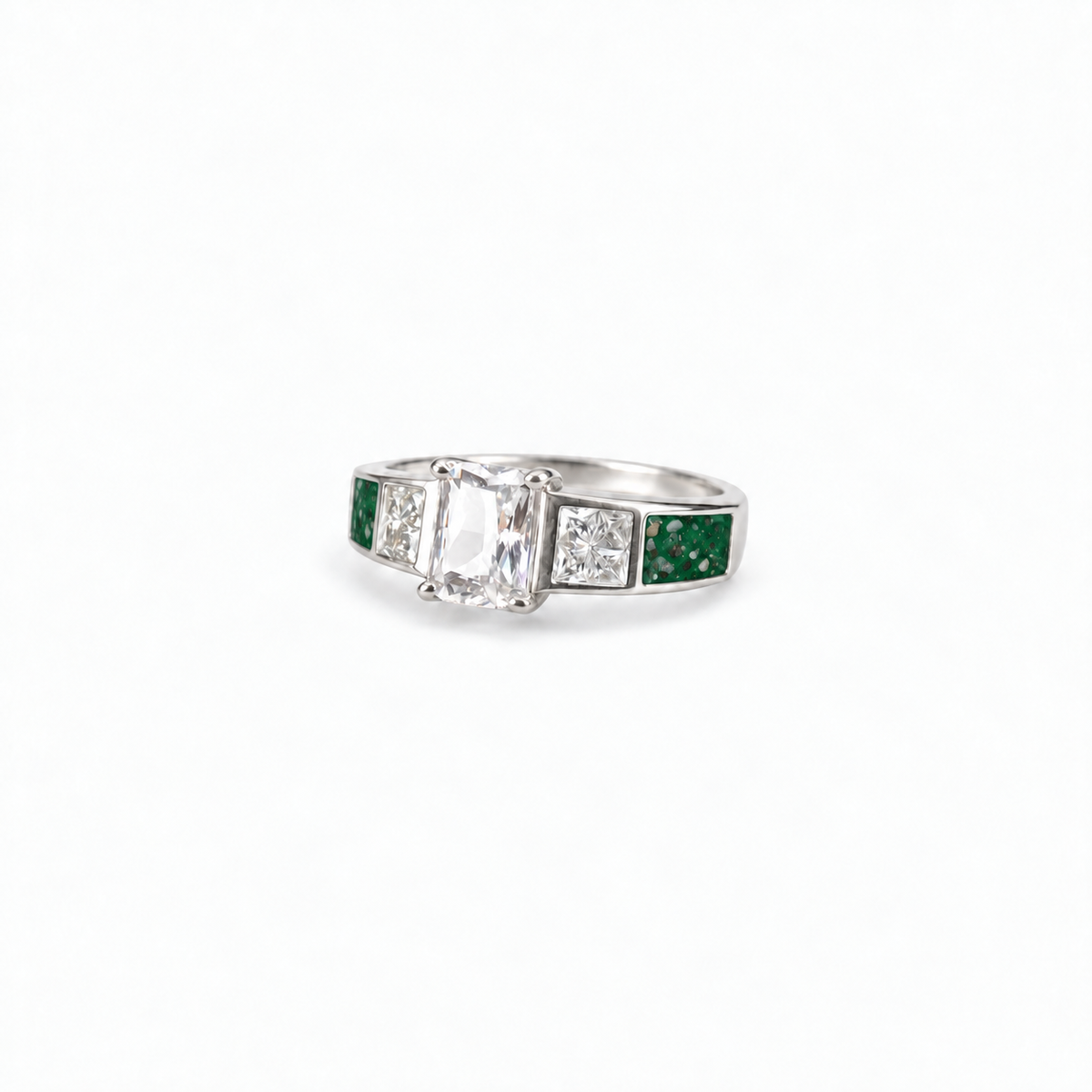 trilogy silver ashes ring in Emerald, visible inclusions