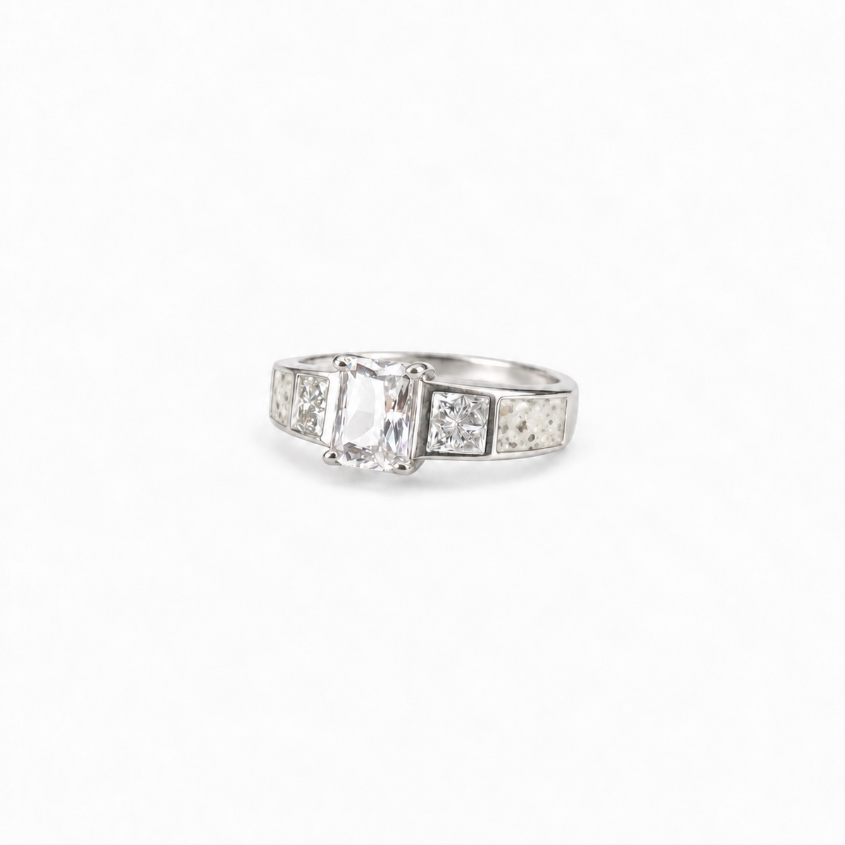 trilogy silver ashes ring in Pearl, visible inclusions