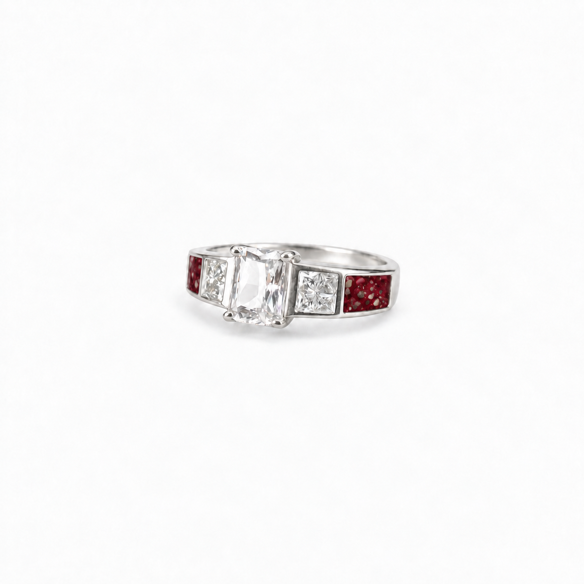 trilogy silver ashes ring in Ruby Red, visible inclusions