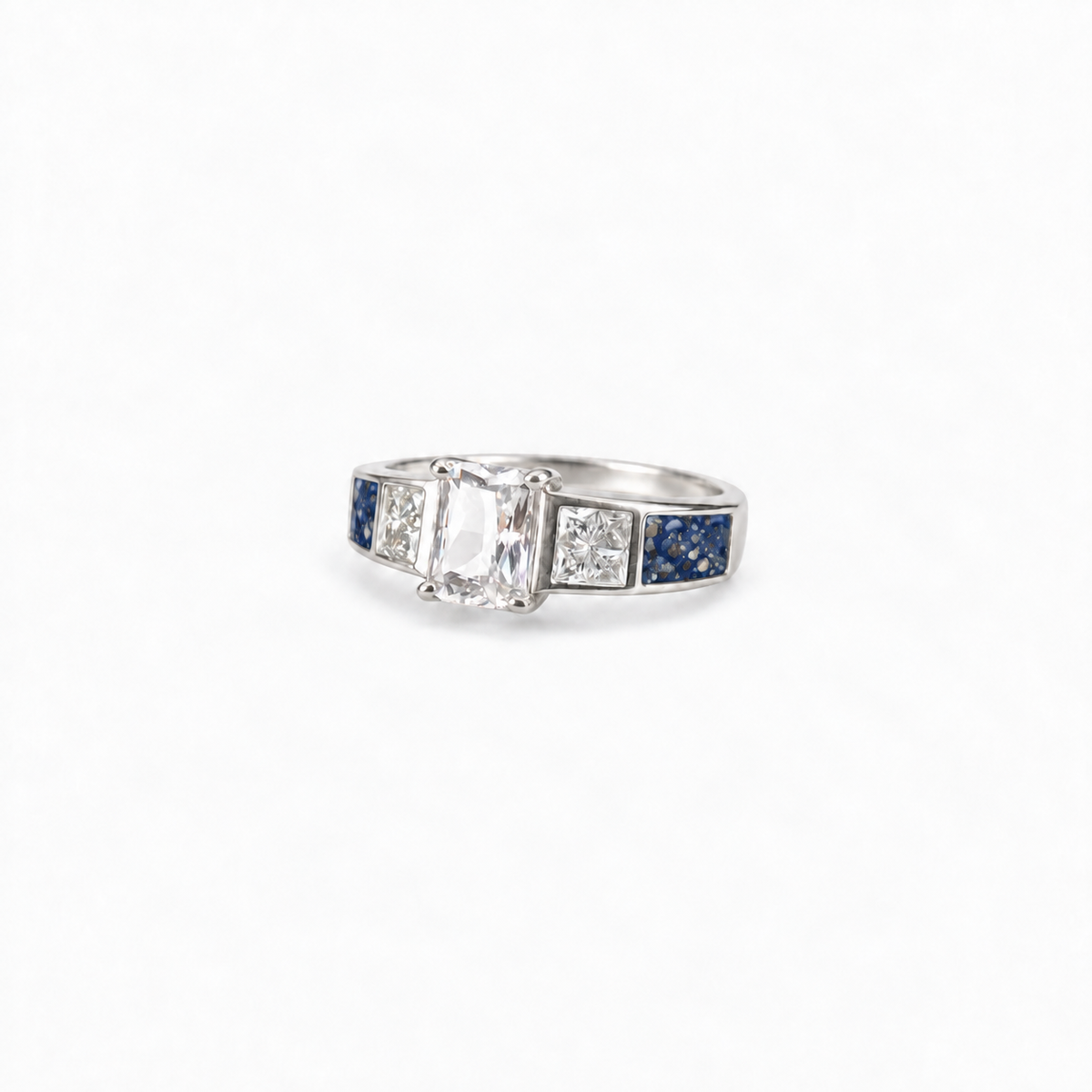 trilogy silver ashes ring in Sapphire, visible inclusions