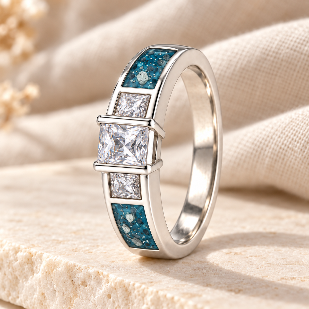 Illustrative lifestyle view of Trilogy Ashes Ring in Sky Blue, visible ashes