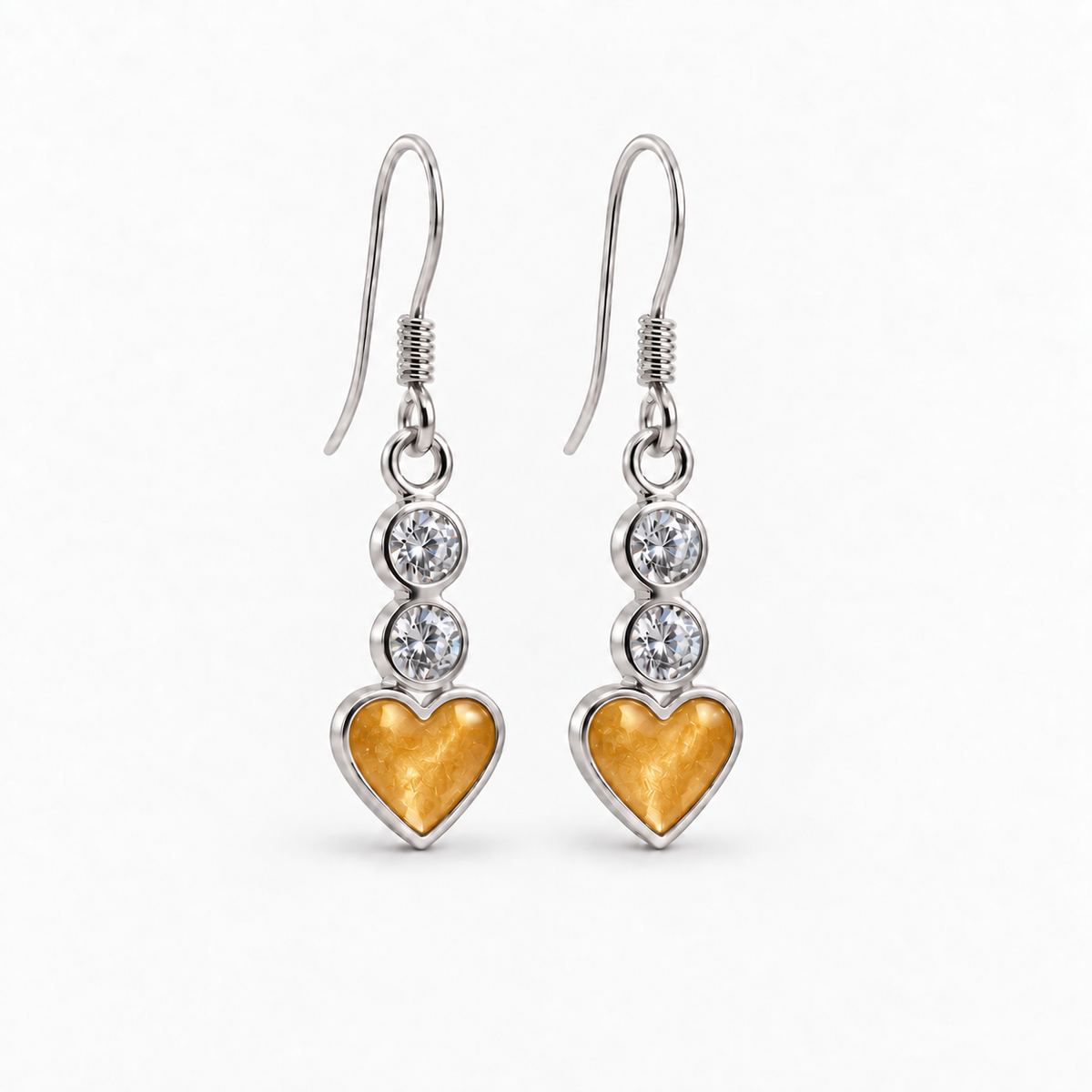 twin crystal heart drop ashes earrings — Amber, hidden ashes