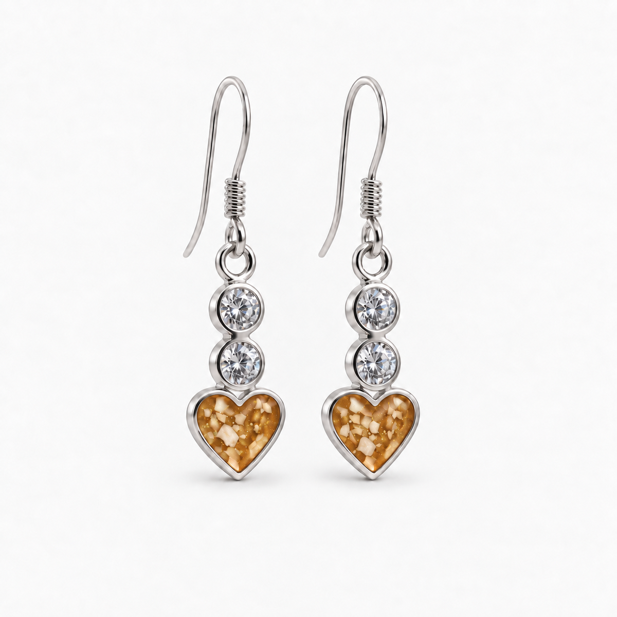 twin crystal heart drop ashes earrings — Amber, visible ashes