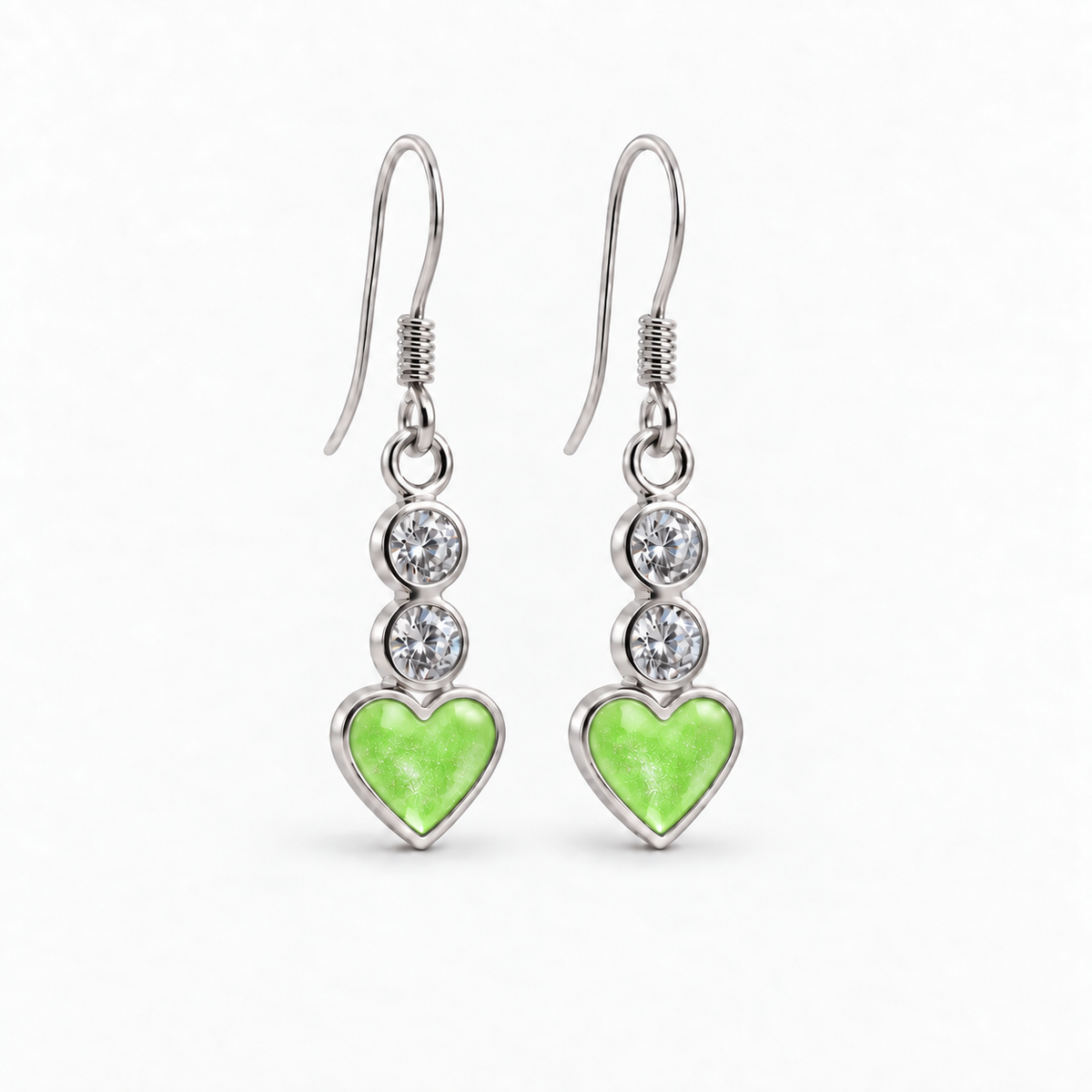 twin crystal heart drop ashes earrings — Apple Green, hidden ashes