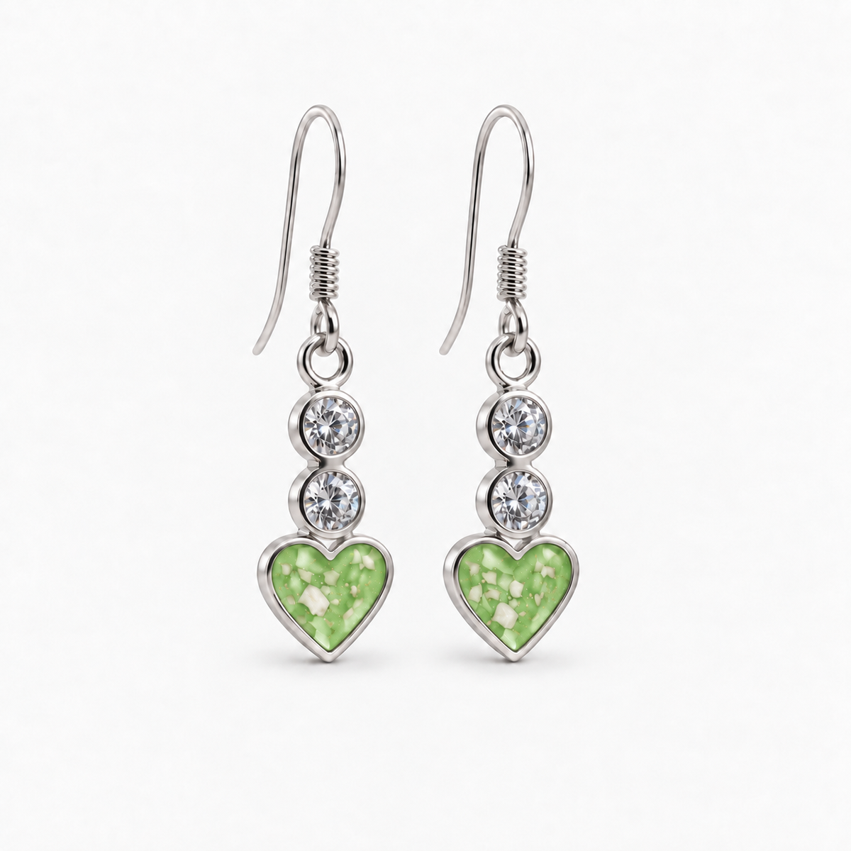 twin crystal heart drop ashes earrings — Apple Green, visible ashes