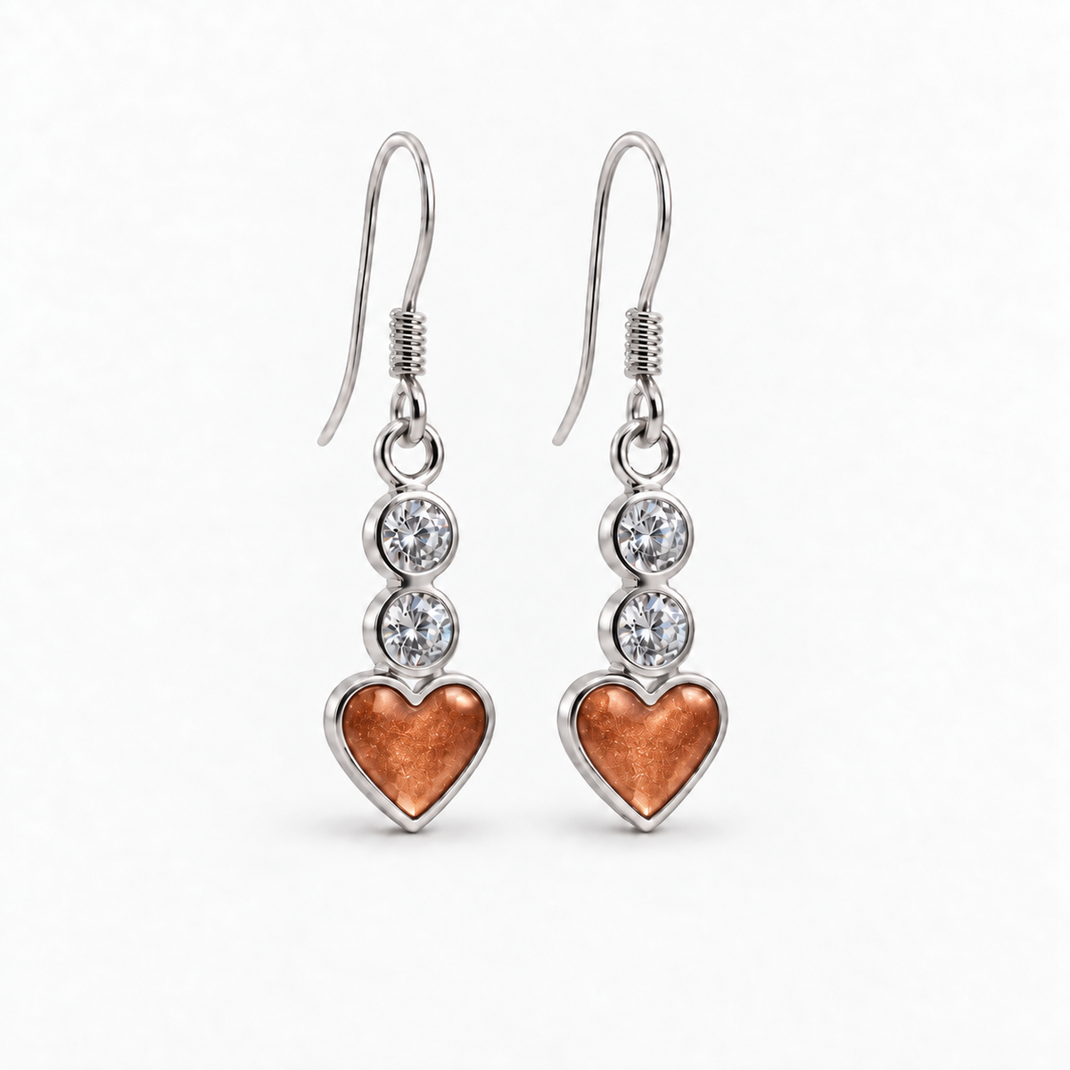 twin crystal heart drop ashes earrings — Copper, hidden ashes