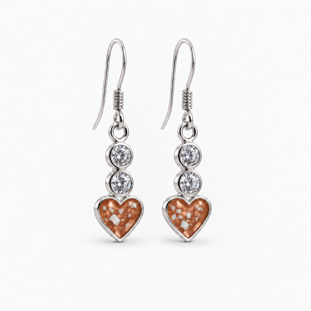 twin crystal heart drop ashes earrings — Copper, visible ashes