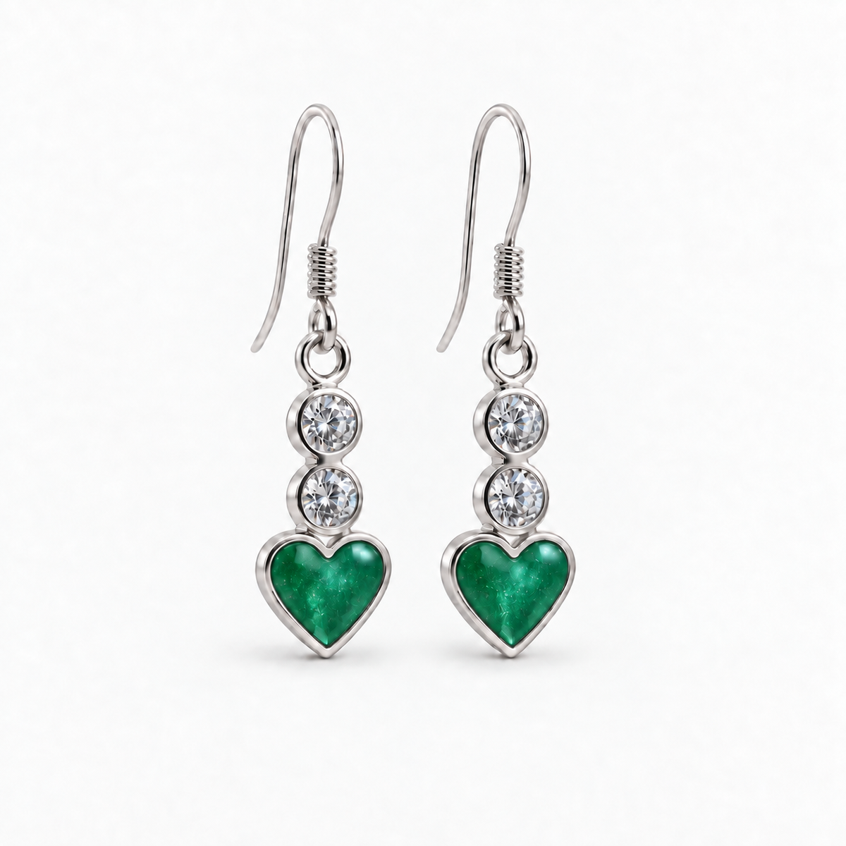 twin crystal heart drop ashes earrings — Emerald, hidden ashes