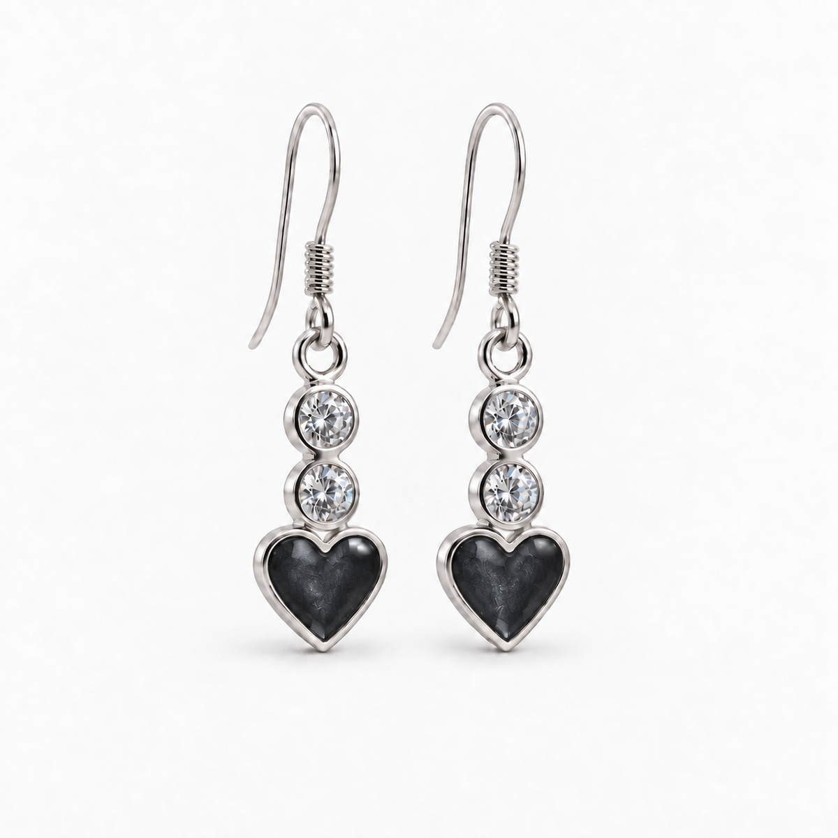 twin crystal heart drop ashes earrings — Midnight, hidden ashes
