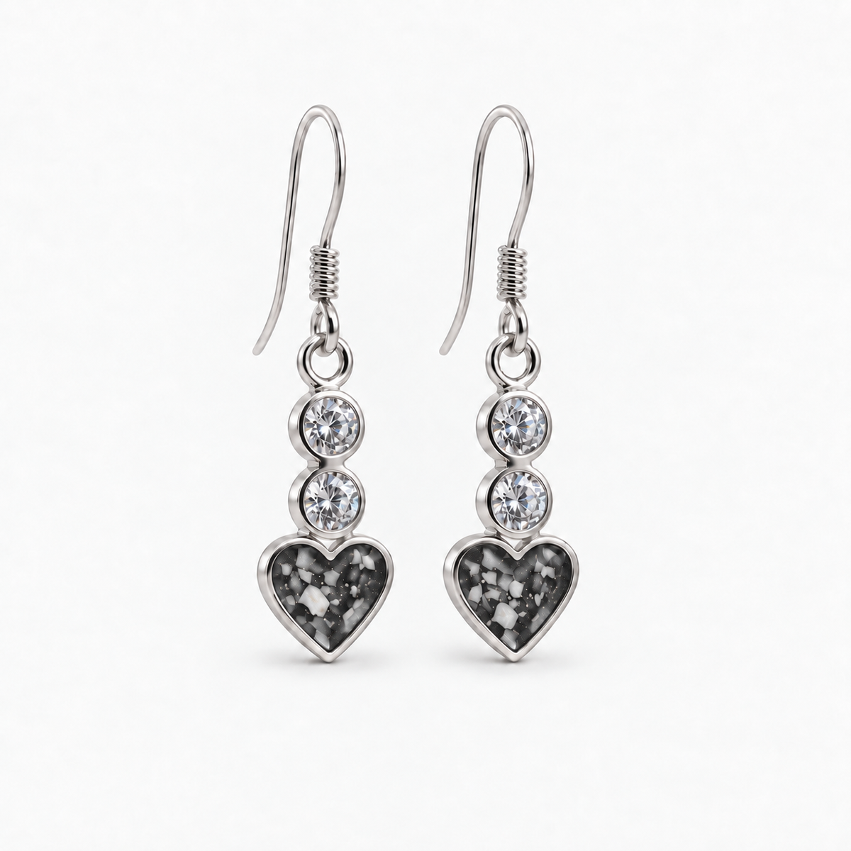 twin crystal heart drop ashes earrings — Midnight, visible ashes