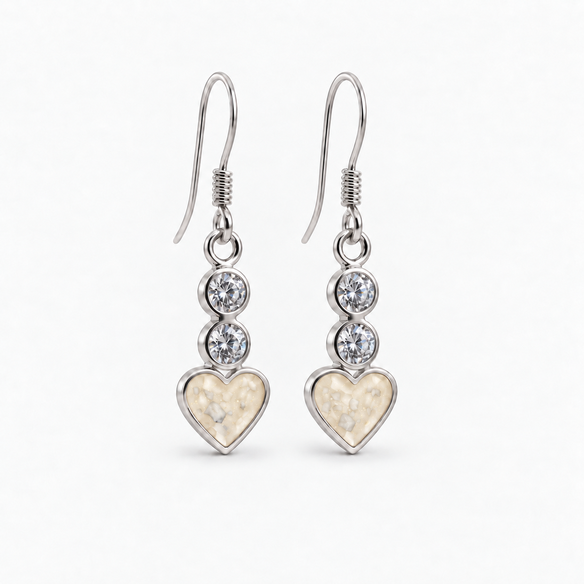 twin crystal heart drop ashes earrings — Pearl, visible ashes