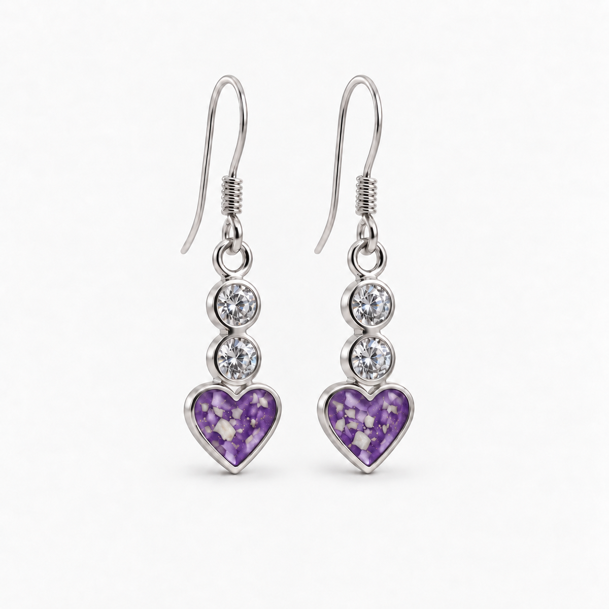 twin crystal heart drop ashes earrings — Purple, visible ashes