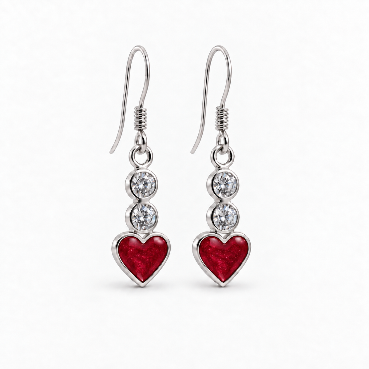 twin crystal heart drop ashes earrings — Ruby Red, hidden ashes