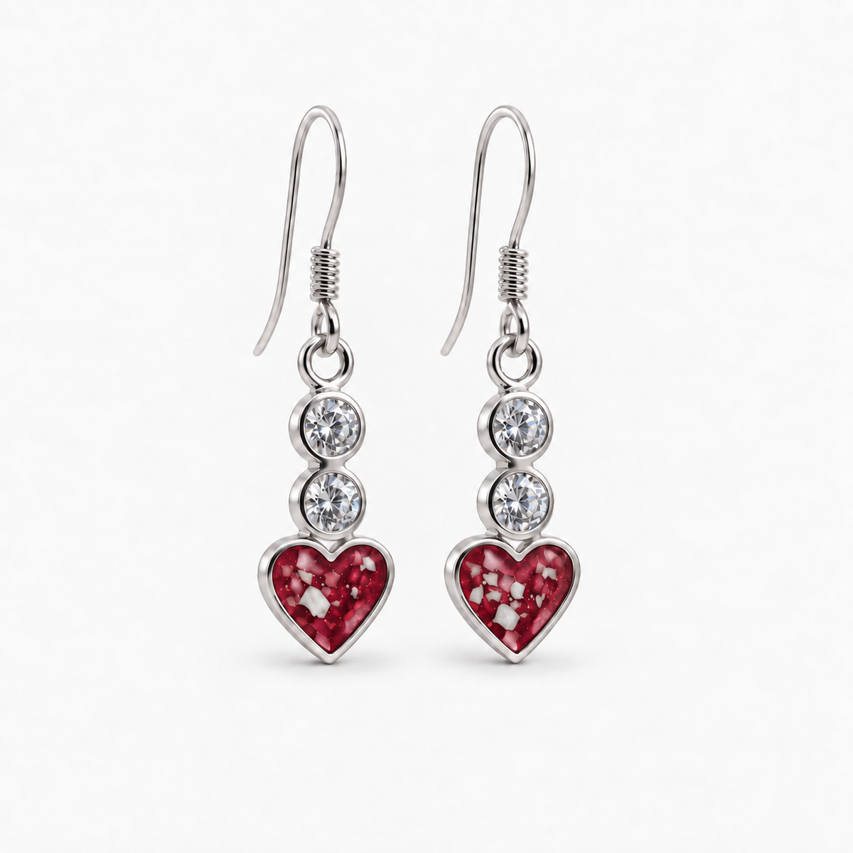 twin crystal heart drop ashes earrings — Ruby Red, visible ashes