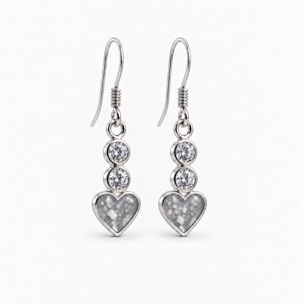 twin crystal heart drop ashes earrings — Silver, visible ashes