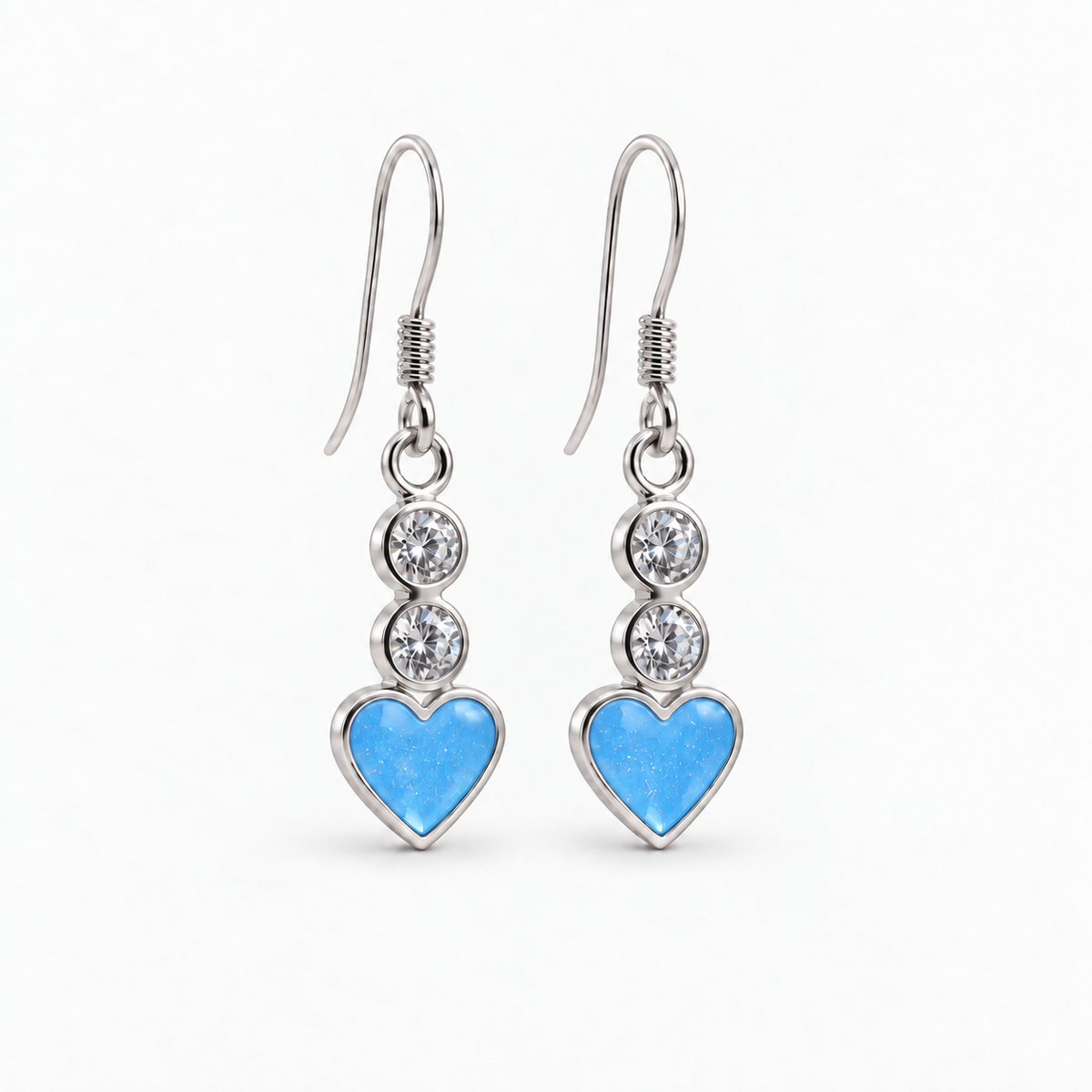 Twin Crystal Heart Drop Ashes Earrings — Sky Blue, hidden ashes
