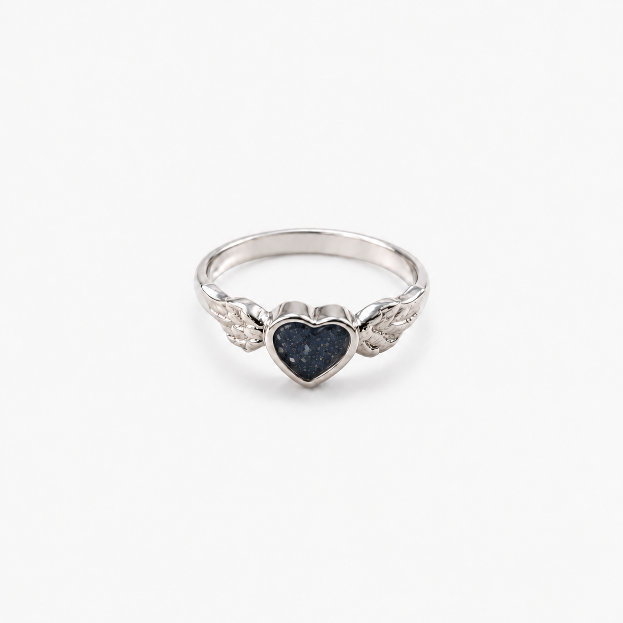 Winged Heart Ashes Ring — Midnight, visible ashes