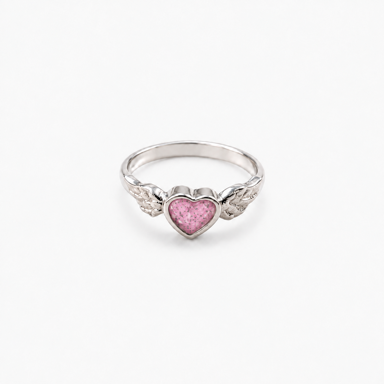 Winged Heart Ashes Ring — Pink, visible ashes