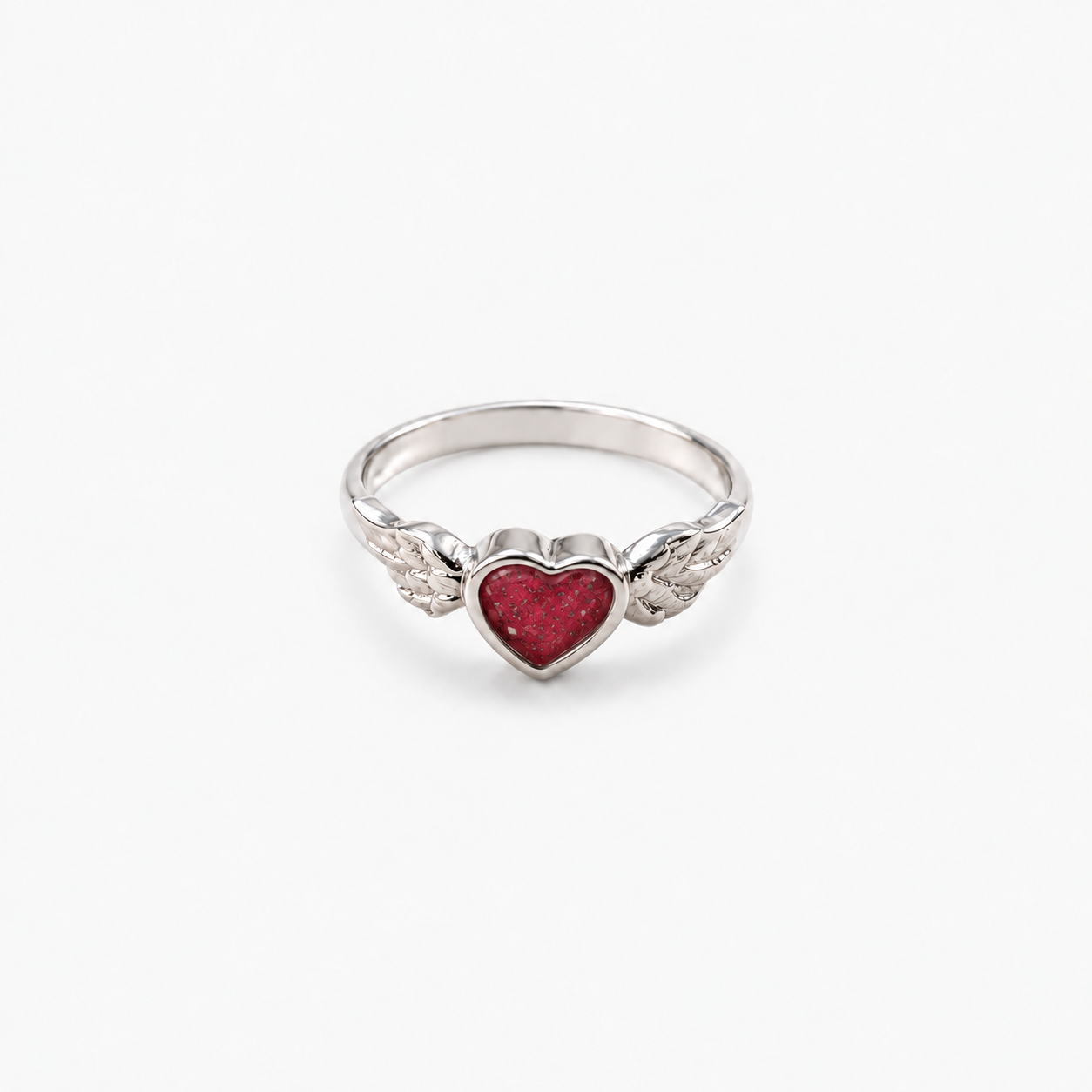 Winged Heart Ashes Ring — Ruby Red, visible ashes