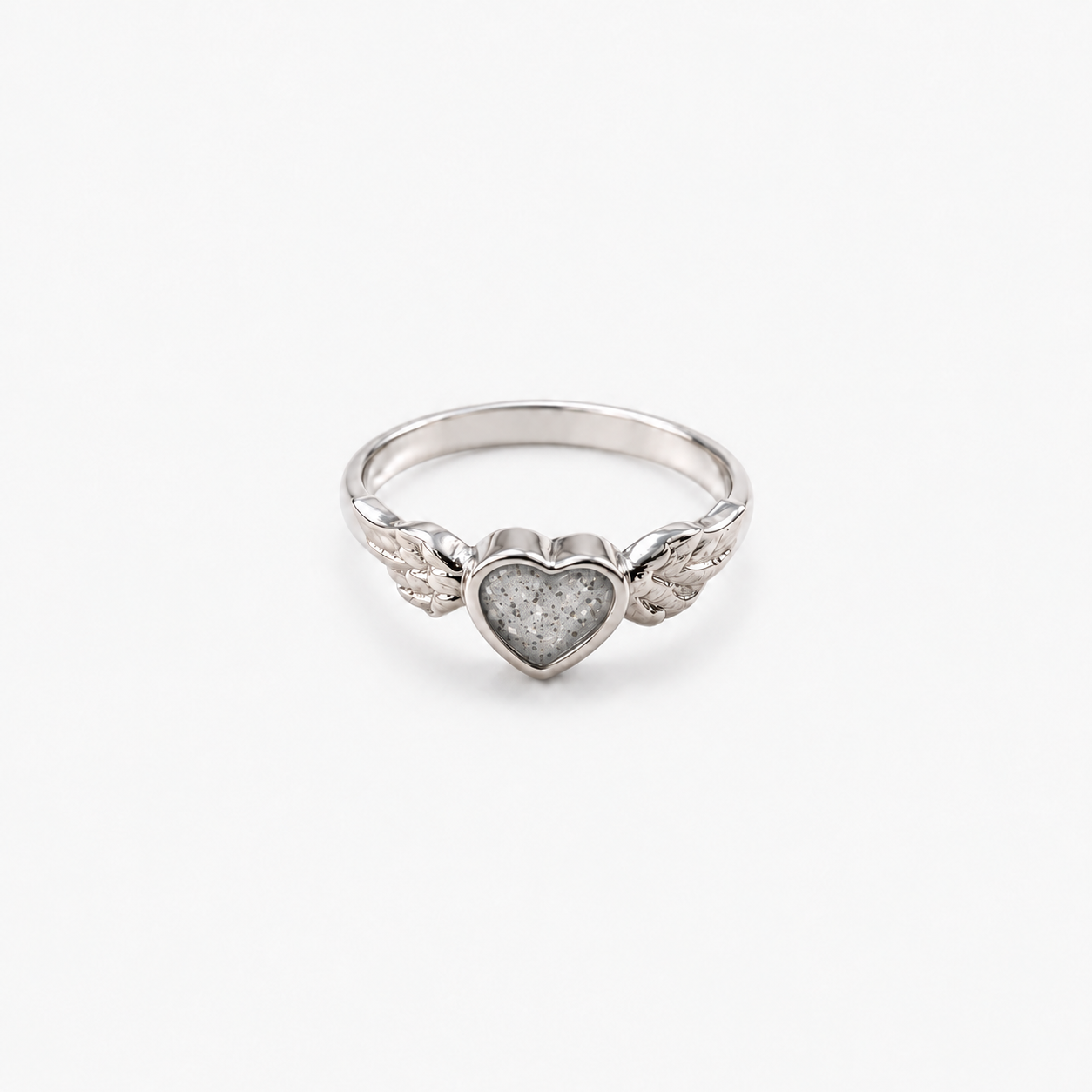 Winged Heart Ashes Ring — Silver, visible ashes