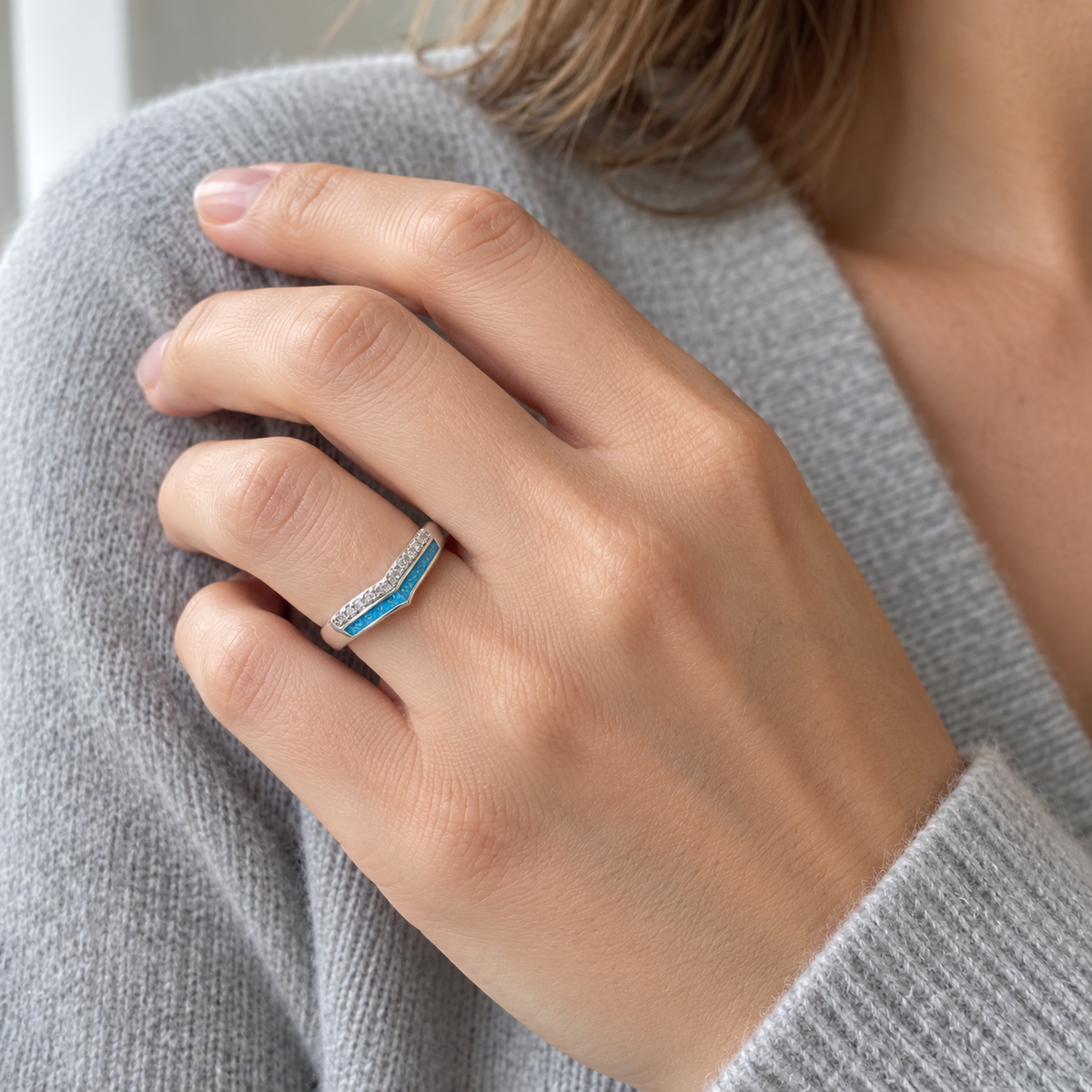 Wishbone Ashes Ring worn, illustrative Sky Blue finish